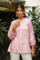 Pink Embroidered Top with White Linen Pants-inching india