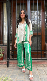 Cream Scarf Top with Green Printed Pant