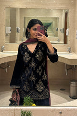 MIDNIGHT CRUSH VELVET EMBROIDERED SHARARA SET