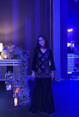 MIDNIGHT CRUSH VELVET EMBROIDERED SHARARA SET