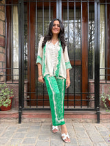 Cream Scarf Top with Green Printed Pant