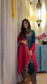 Bottle Green Embroidered Set with Contrast Dupatta