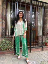 Cream Scarf Top with Green Printed Pant