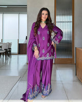 Meher Wine Embroidered Farshi Set with Dupatta