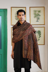 Purple blue Kaani jacquard stole draped elegantly for her