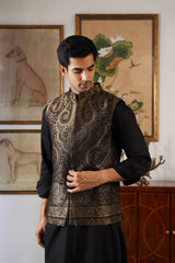 Black Gold Paisley Woven Jacquard Jacket with Kurta & Pant