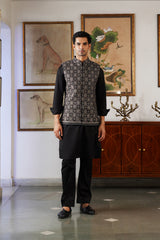 Black Silver Diamond Embroidered Nehru Jacket with Kurta & Pant