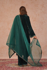 Bottle Green Crush Velvet Embroidered Suit- Inching India