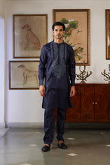 Naaz Navy Tone-on-Tone Embroidered Kurta for Men