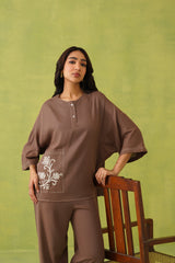 Noor Brown Linen Embroidered Coord Set