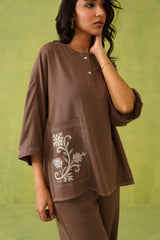 Noor Brown Linen Embroidered Coord Set