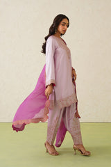 Noor Pink Embroidered Set with Organza Dupatta- Inchingindia