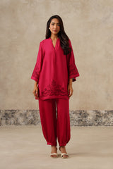 women wearing Naaz Rani Pink Cutwork Embroidered Co-ord Set