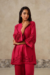 front view, Naaz Rani Pink Cutwork Embroidered Co-ord Set