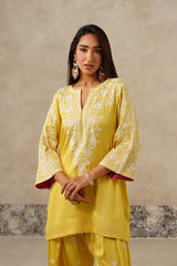 Yellow Aari work, floral embroidery close up