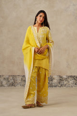 Woman wearing yellow Aari embroidered farshi salwar set for haldi with ombre dupatta, floral embroidery, yellow co-ord set