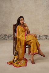 sitting, Woman wearing yellow floral printed co-ord set with dupatta and embroidery