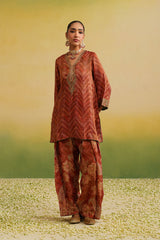 Woman wearing rust printed farshi salwar set with embroidered neckline and dupatta, paisley print, embroidery