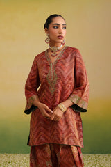 kurta of rust printed farshi salwar set with embroidered neckline and dupatta