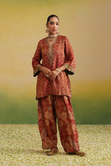 rust printed paisley farshi salwar set with embroidery
