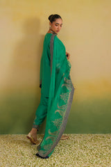 Back view of emerald green hand embroidered kurta with dupatta drape