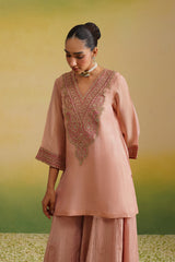 Kurta of blush pink tissue sharara set with hand embroidery and zardozi work