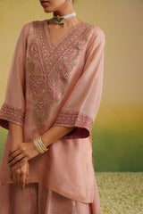 zardozi embroidery close up done by hand work, pink tissue kurta