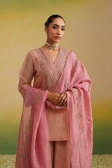 pink tissue sharara set with zardozi and zari hand embroidery and organza dupatta