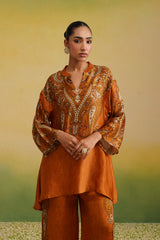 Close-up of rust paisley print