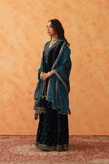 Teal Blue Velvet Embroidered Sharara Set- Inching India