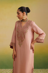 pink tissue kaftan, zardozi embroidery, hand embroidery, side view
