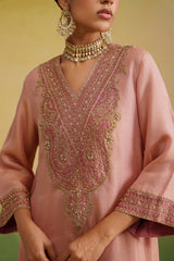 pink tissue kaftan, zardozi embroidery, hand embroidery, close up