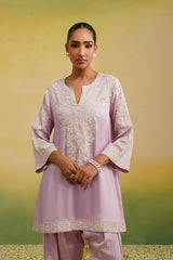 Front shot of light pink Aari embroidered farshi salwar set, summer day