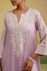 Close up of light pink Aari embroidered farshi salwar set