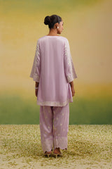 back view of light pink Aari embroidered farshi salwar set with dupatta