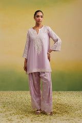 Full view of light pink Aari embroidered farshi salwar set, light pink coords et