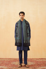 Navy blue Jamawar wool shawl draped on man, wedding gift