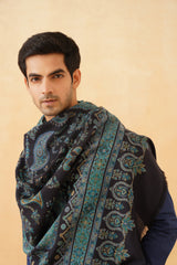 Close-up of navy blue Jamawar weave on men's wool shawl
