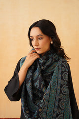 Close-up of navy blue Jamawar pattern on women's shawl