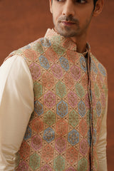 Cream colour Jacket with Kurta and Pant set