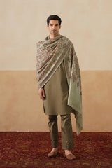 Embroidered border detail on green pink couple's shawl set