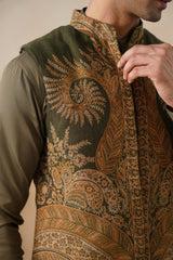 Olive Paisley Jacket with Kurta & Pant
