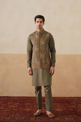 Olive Embroidered Paisley Jacket with Kurta & Pant