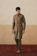 Olive Embroidered Paisley Jacket with Kurta & Pant