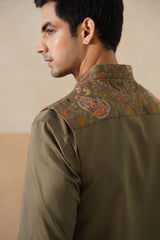 Olive Embroidered Paisley Jacket with Kurta & Pant