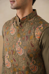 Olive Embroidered Paisley Jacket with Kurta & Pant