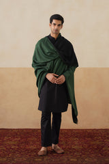 forest green and black reversible stole with subtle zari sheen and fringe
