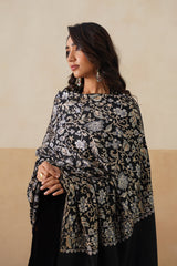 Black Aari-Embroidered Floral Jaal Shawl For Women
