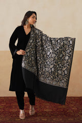 Black Aari-Embroidered Floral Jaal Shawl For Women