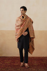 sand-beige jamawar paisley shawl with mehrab/arch panel and multicolor vinework